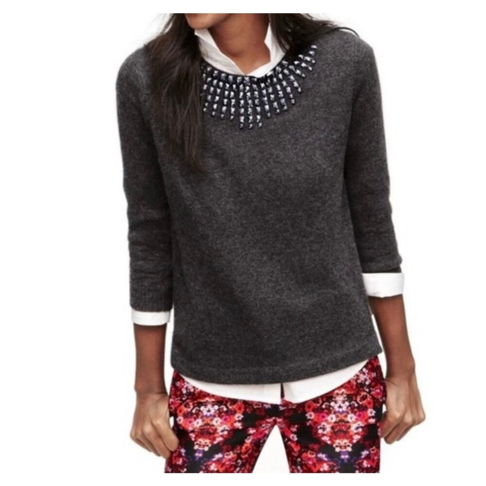J.Crew Gray Wool Blend Embellished Jewel Neck Sweater Beaded Small S